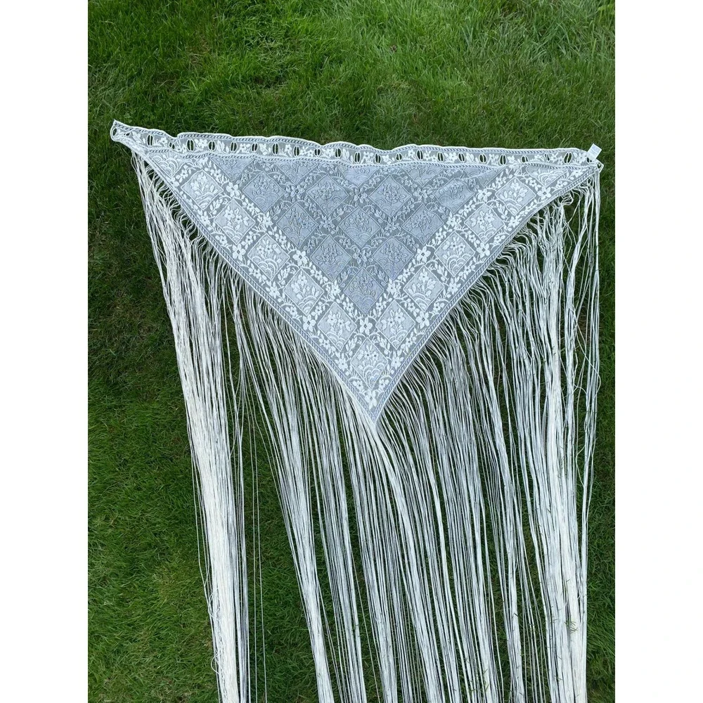 Vintage Lace Curtain Panel Fringe 58x85 White Shabby Chic Patchwork Boho Cottage
